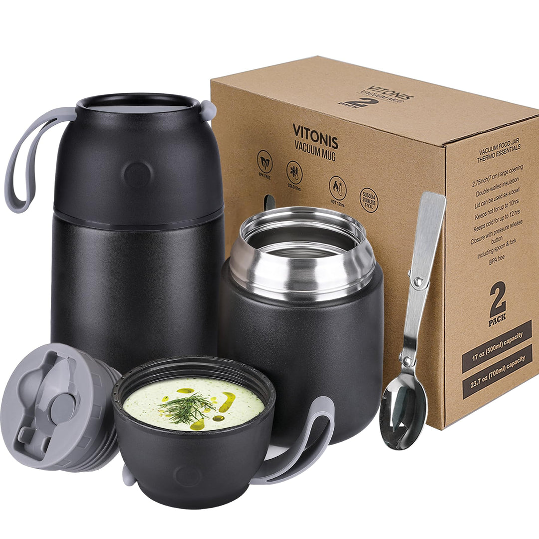 Thermobehälter für Essen 500ml &amp; 700ml Edelstahl Warmhaltebebehälter mit faltbaren Löffel, Speissen,