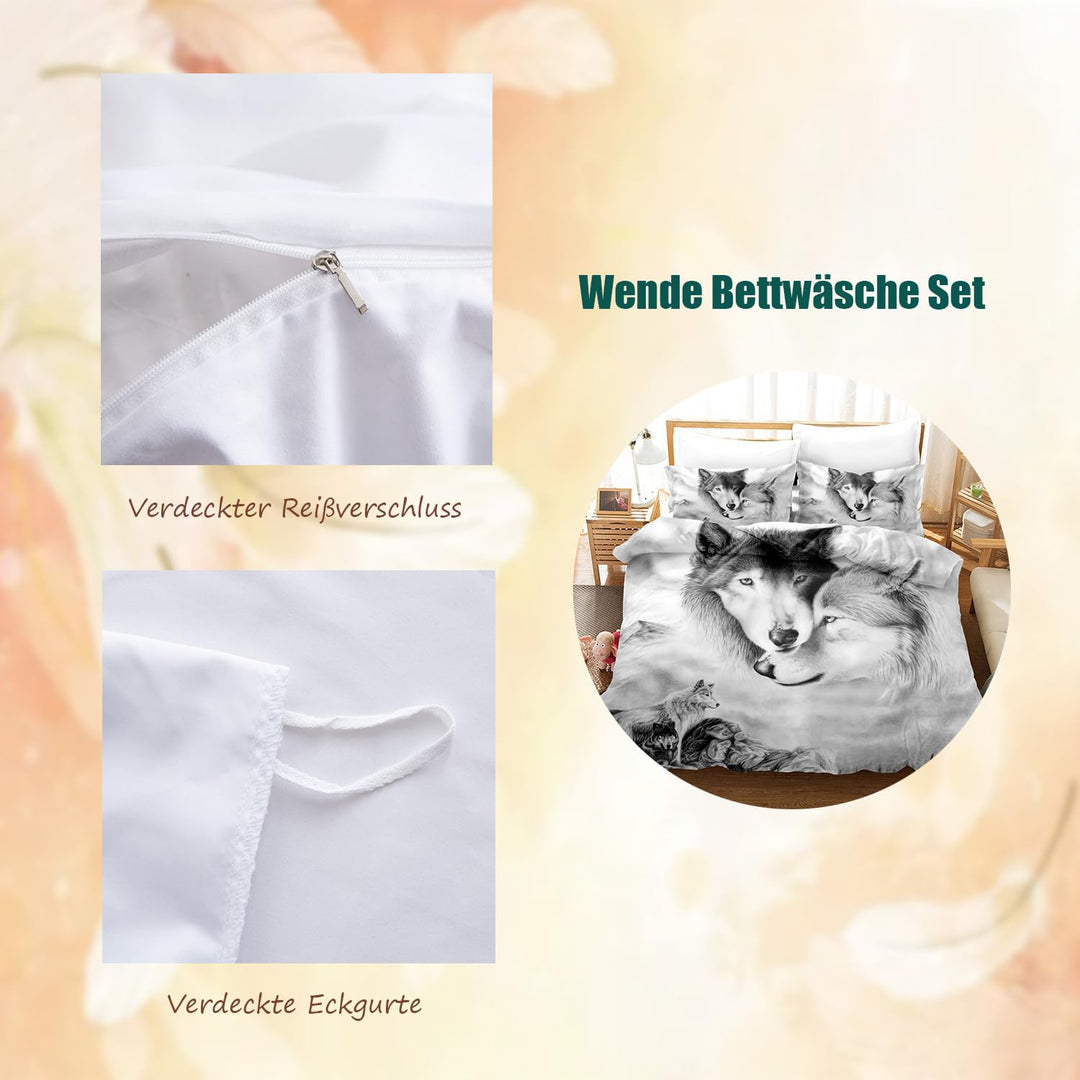 CIUNVXD 3D Wolf Theme Muster Bettbezug,3D Realistisches Tier Wolf Motiv Bettwäsche Set,Wolf-Motiv-Dr
