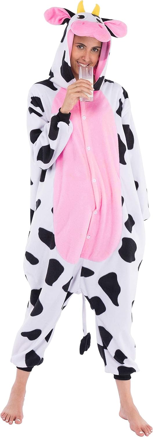 Spooktacular Creations Unisex Erwachsene Plüsch Pyjama Schlafanzug, Damen Herren Onesie Jumpsuit Kuh