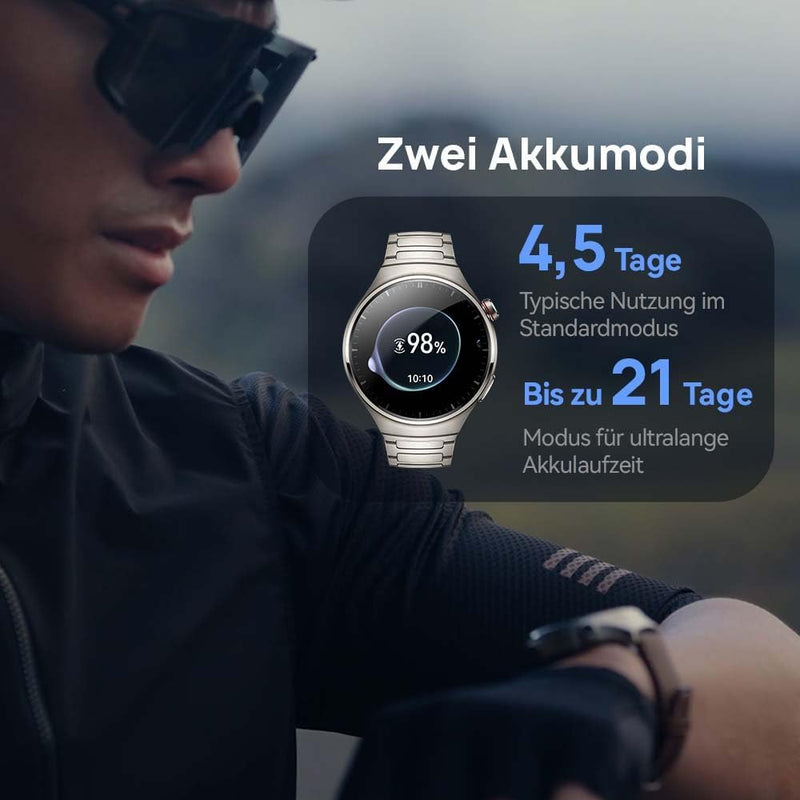 HUAWEI Watch 4, 3D-gewölbtes Glas- und Edelstahlgehäuse, 1,5" LTPO-AMOLED-Farbdisplay, schwarzes Flu