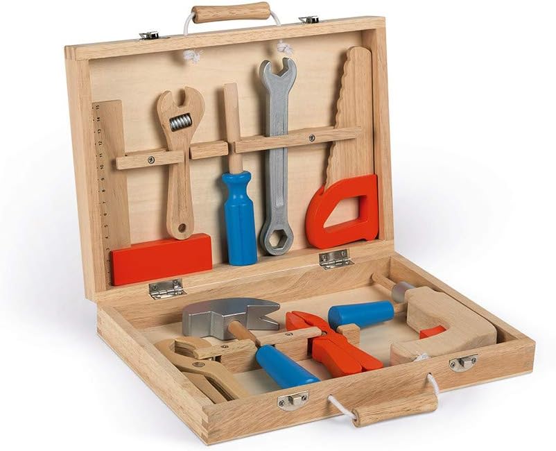 Janod - Brico'Kids Werkzeugkasten, Holz-Werkzeug für Kinder, Spielzeugnachbildung, mit 9 Teilen, ab