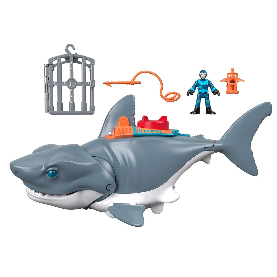 Fisher-Price Imaginext GKG77 - Grosser Spielzeug-Hai mit Taucher-Figur, Käfig und Zubehör, macht Kau