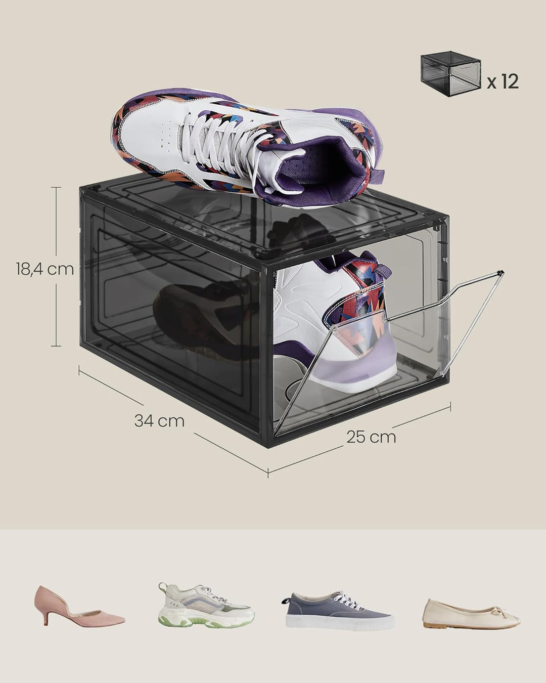 SONGMICS Schuhboxen, Schuh-Organizer aus Kunststoff, mit Tür, durchsichtig, Kunststoffboxen, 12er Se