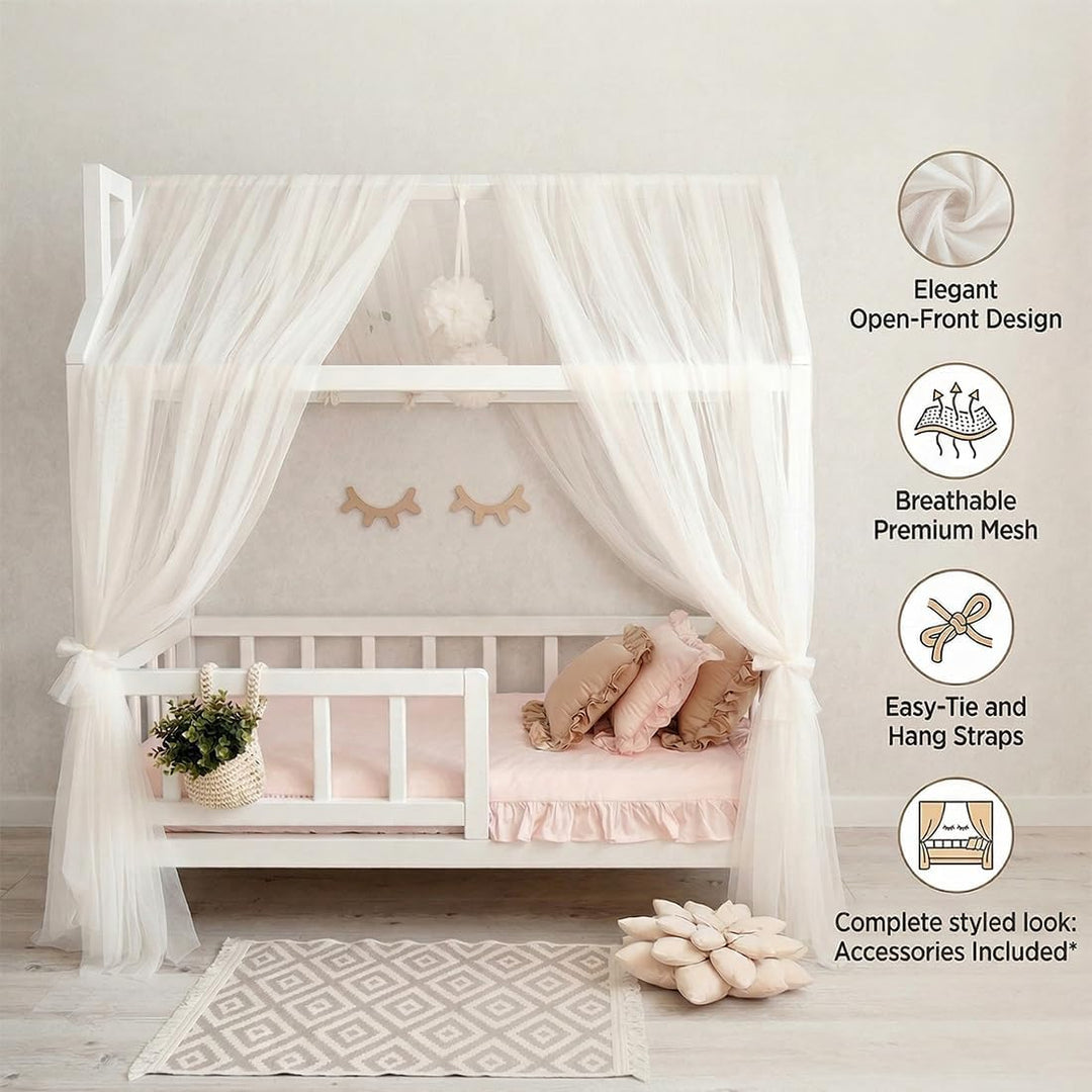 Yuragim Hausbett Himmel 2er-Set, Betthimmel Hausbett Musselin (Weiss, 150x350 cm)
