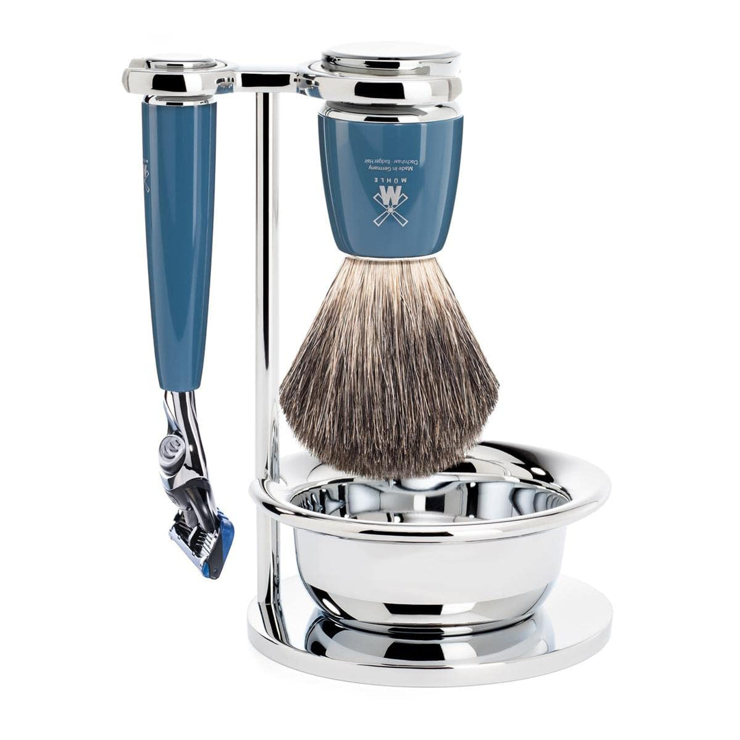 MÜHLE Rytmo Rasierset - 3tlg, kompatibel mit Gillette-Klingen, Pinsel reines Dachshaar, Halterung mi