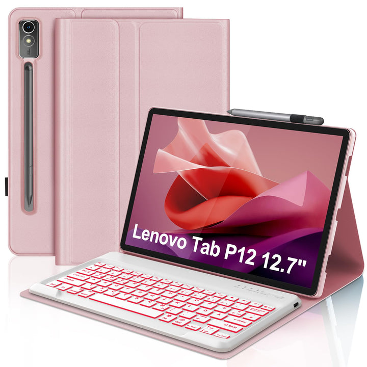 IVEOPPE Hülle mit Tastatur für Lenovo Tab P12 12.7" 2023, 7 Farbige Beleuchtung, Magnetische Bluetoo