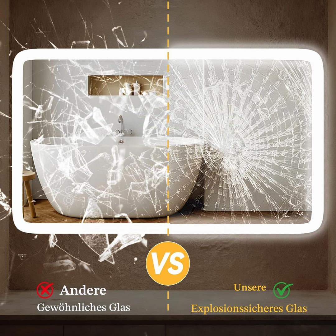 Clevich Badspiegel mit Beleuchtung 100×60 cm, LED Spiegel mit 3 Lichtfarben dimmbar, gehärtetes Glas