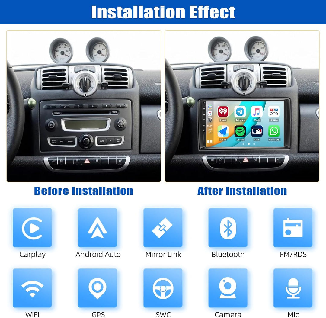 Android 15, 4G+64G CAMECHO Autoradio für Mercedes-Benz Smart Fortwo 2005-2010 Carplay Android Auto,