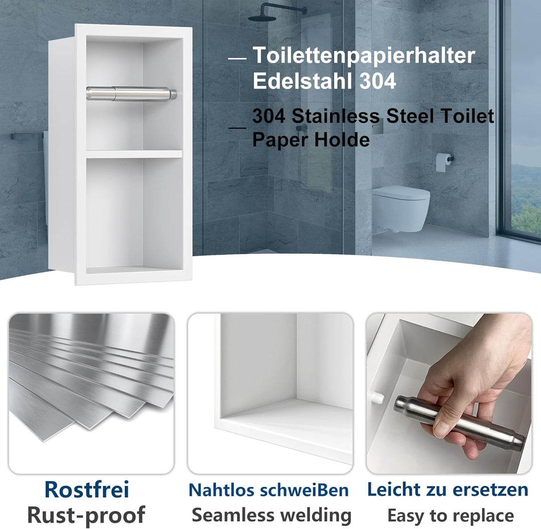 Neodrain Unterputz-Toilettenpapierhalter Edelstahl Wandnische mit Regal WC-Papierhalter Weiss Papier