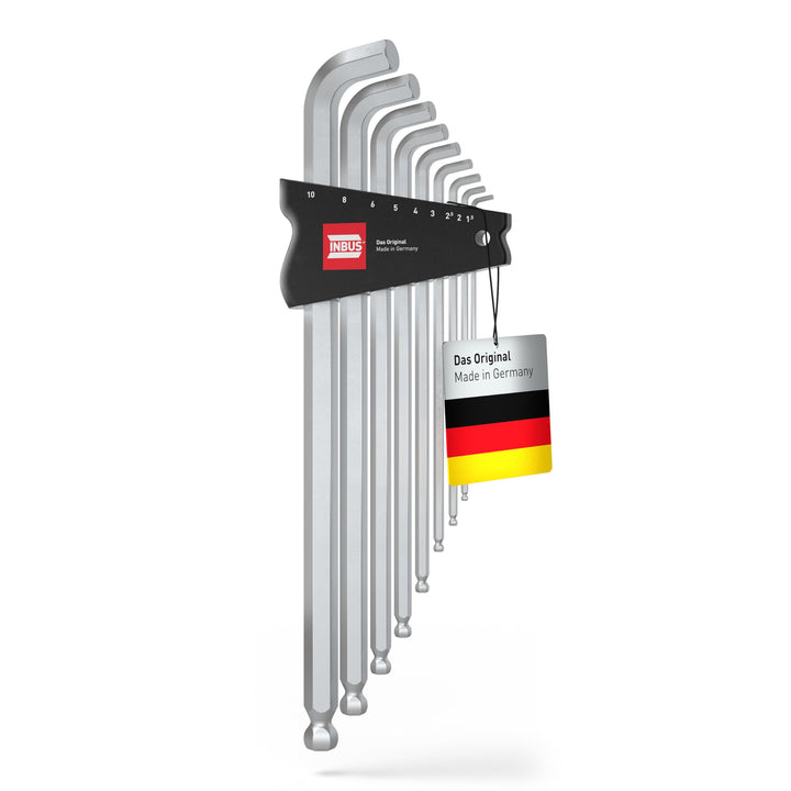 INBUS® 70211 Winkelschraubendreher Set 9tlg, 1.5–10mm, mit 100° Winkel & Kugelkopf — Made in Germany
