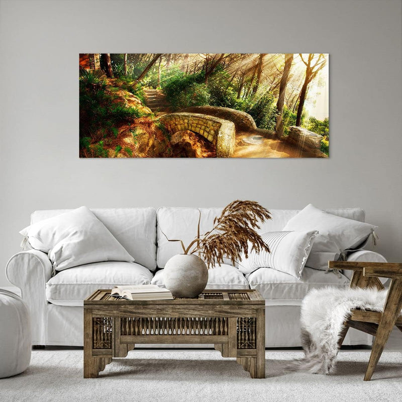 Wandbilder Dekoration Wohnzimmer Pfad Steinbrücke Wald Herbst Panorama Bilder auf Leinwand 120x50cm