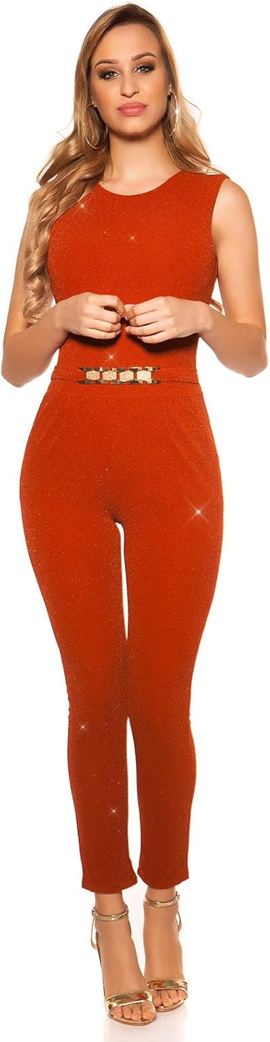 Koucla Damen Overall Jumpsuit Playsuit mit Schnalle Ocker (Glitzer) XXS