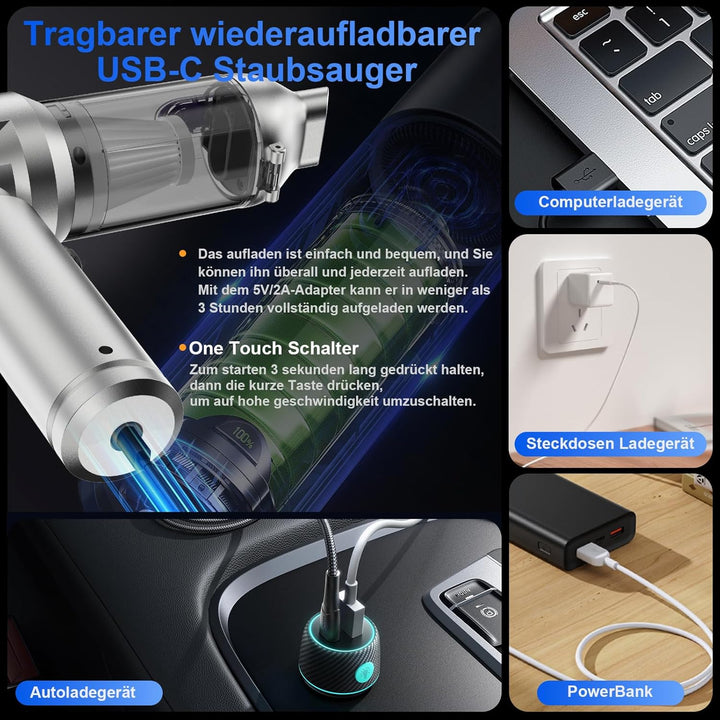Handstaubsauger, 26000 Pa 4-In-1 Mini Staubsauger Akku Kabellos mit Digitalanzeige 1-Knopf-Selbstent