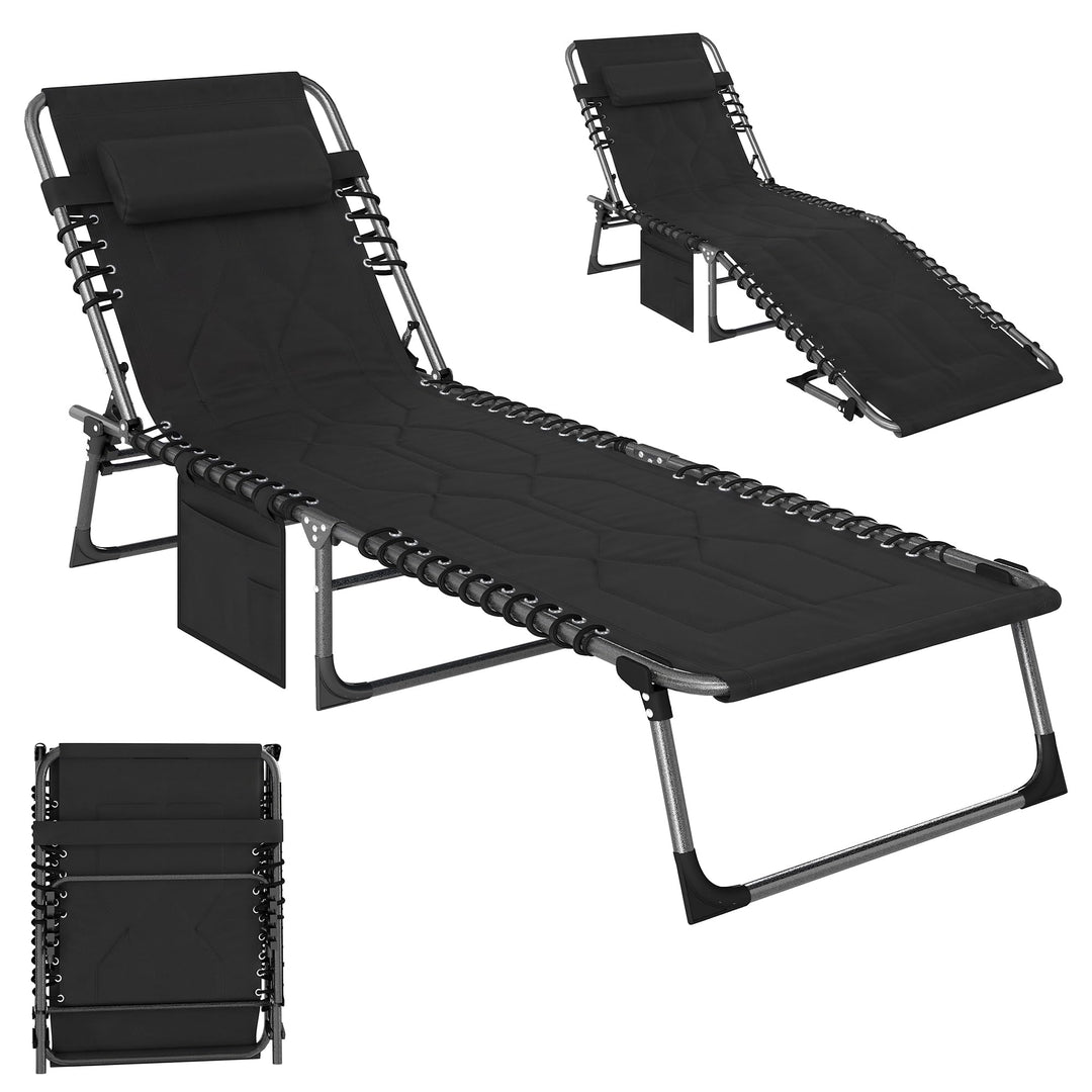 Outsunny Sonnenliege Klappbare Gartenliege Kopfkissen Seitentasche Schwarz | Liegestuhl, 5-Fach Vers