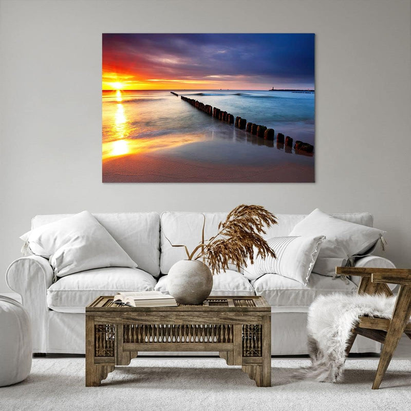 Bilder auf Leinwand 100x70cm Leinwandbild Meer Küste Strand Sonnenaufgang Gross Wanddeko Bild Schlaf