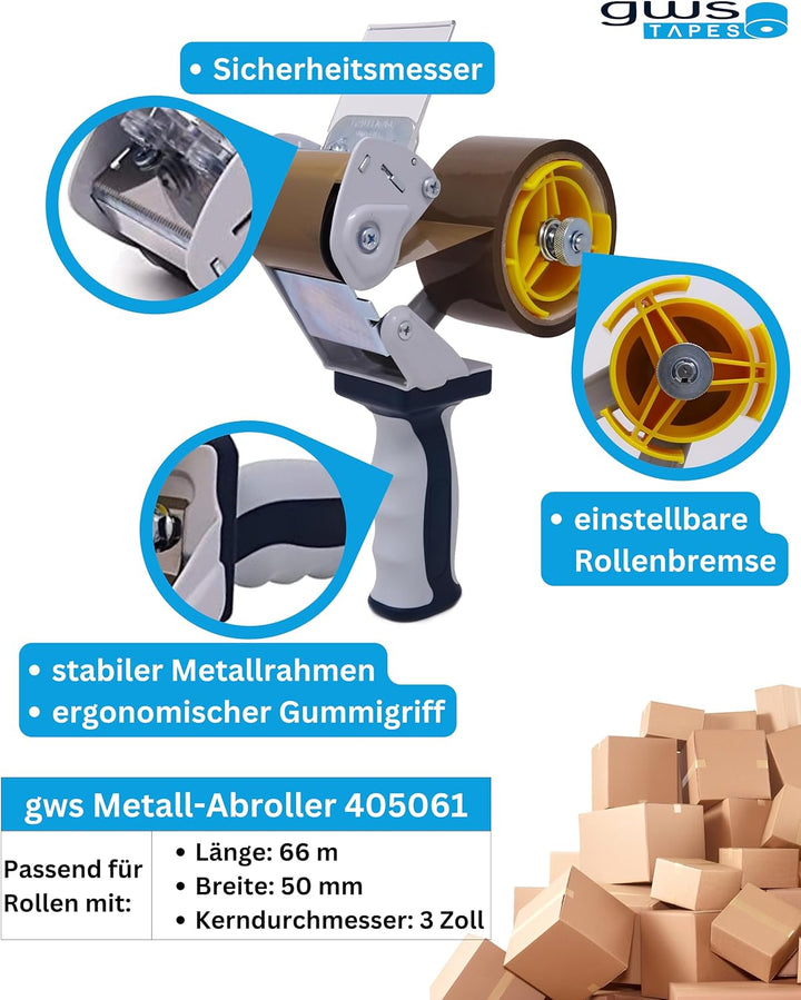 gws 2 Stück Packband Handabroller, hochwertiger Paketbandroller, stabiler Metallrahmen inkl Sicherhe