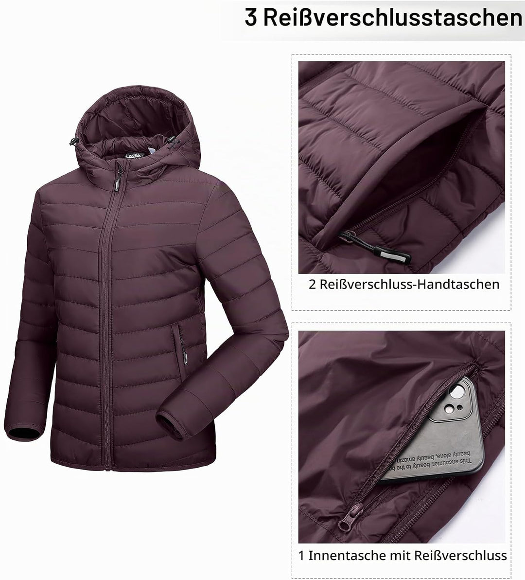 Outdoor Ventures Damen Steppjacke Leichte Packbare Übergangsjacke Warme Winterjacke mit Kapuze für F