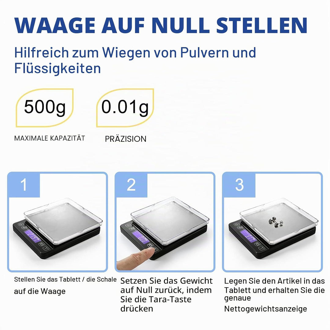 KitchenTour Digitale Küchenwaage – 3000g/0,1g Präzisionswaage mit 9 Einheiten (g/oz/ml/lb/lb:oz/gn/