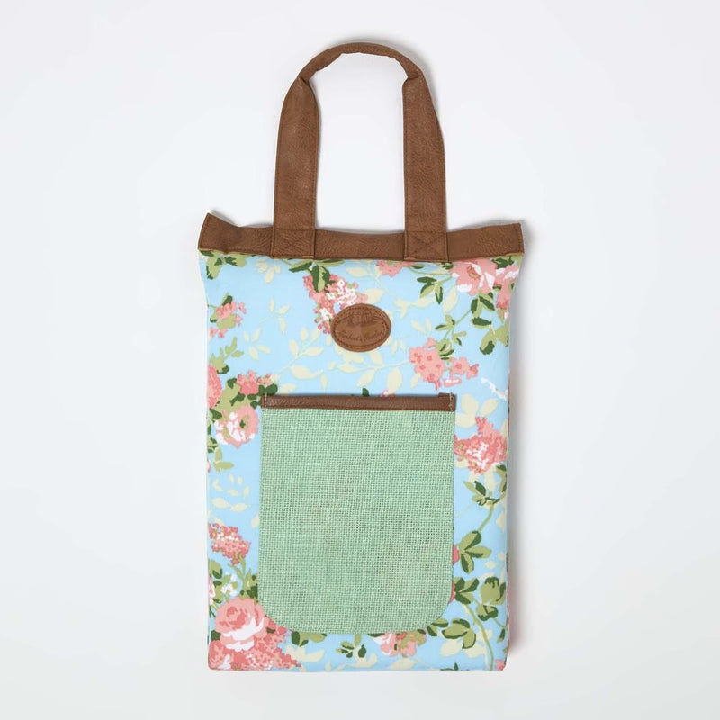 Homescapes Garten-Kniekissen 26x40 cm mit Tragegriff & Tasche, Kniematte Garten blau-rosa mit Rosenm