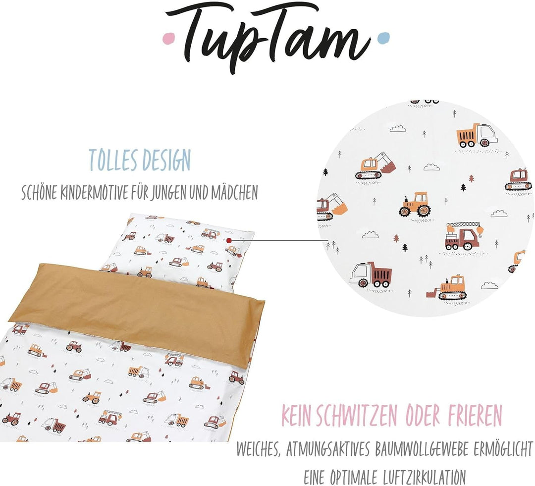 TupTam Kinder Bettwäsche Gemustert 2-Teilig Wendebettwäsche, Farbe: Baufahrzeuge/Bagger/Beige/Kakaob