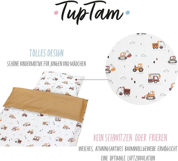 TupTam Kinder Bettwäsche Gemustert 2-Teilig Wendebettwäsche, Farbe: Baufahrzeuge/Bagger/Beige/Kakaob
