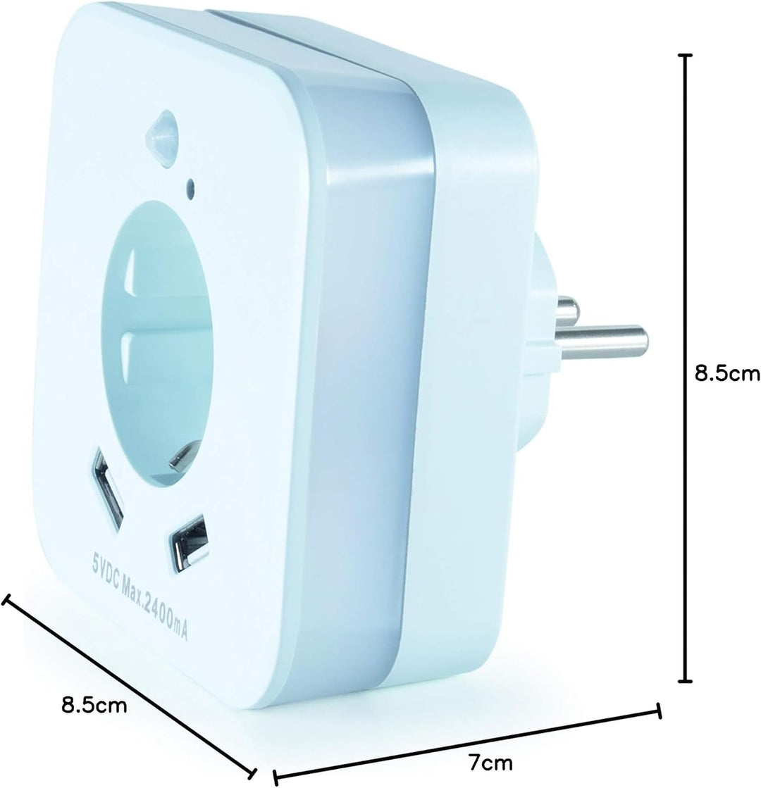 smrter LED-Nachtlicht mit Bewegungsmelder und Steckdose, 2x USB 2.4A, weiss, automatischer Lichtsens