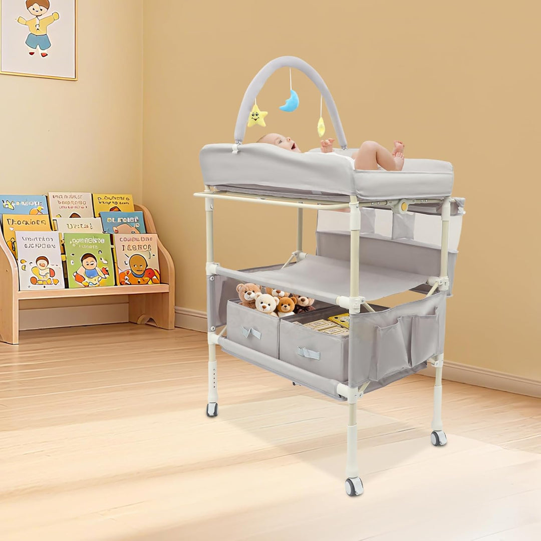 2-in-1 Baby Badewanne &amp; Wickelkommode, Klappbar Wickelkommode mit Korb, Spielzeugregal, Sicherheitsg