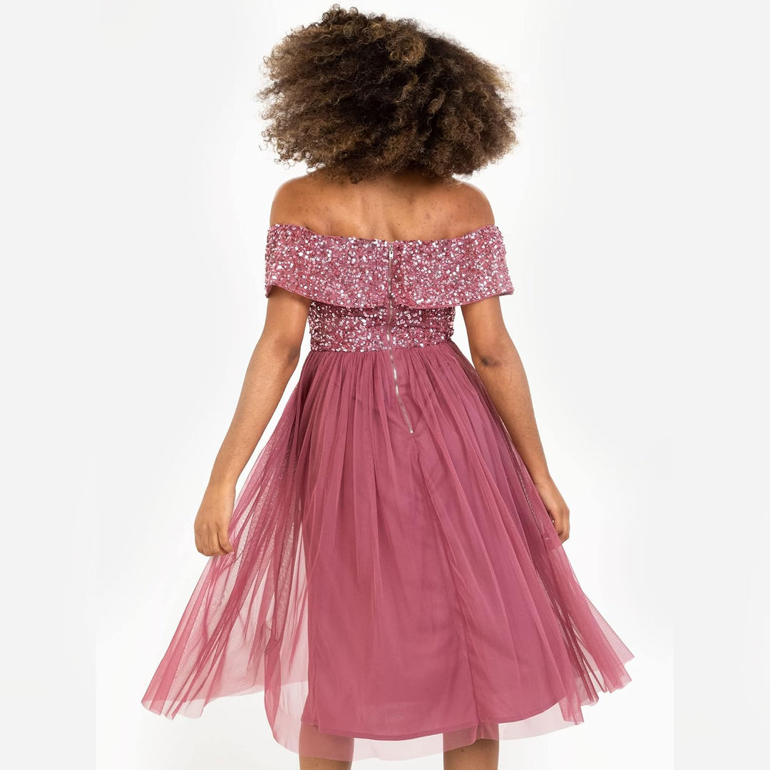 Maya Deluxe Damen Ladies Bardot Dresses Women Midi High Empire Waist Sequins Embellished Formal Even