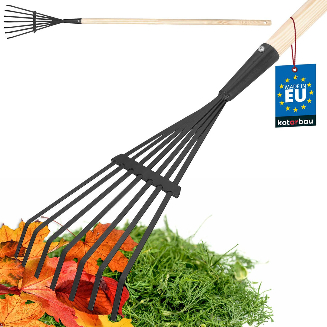 KOTARBAU® Laubrechen mit Stiel - 14 cm - Fächerbesen - Metall Rechen für Gras &amp; Laub - Garten Besen