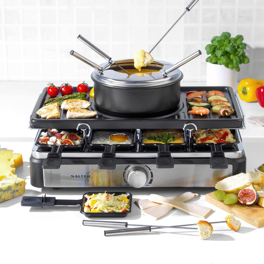 Salter Elektrischer Raclette Grill & Fondue - 2-in-1 Rauchfreier Indoor Grill, 1,3L Schmelztopf für