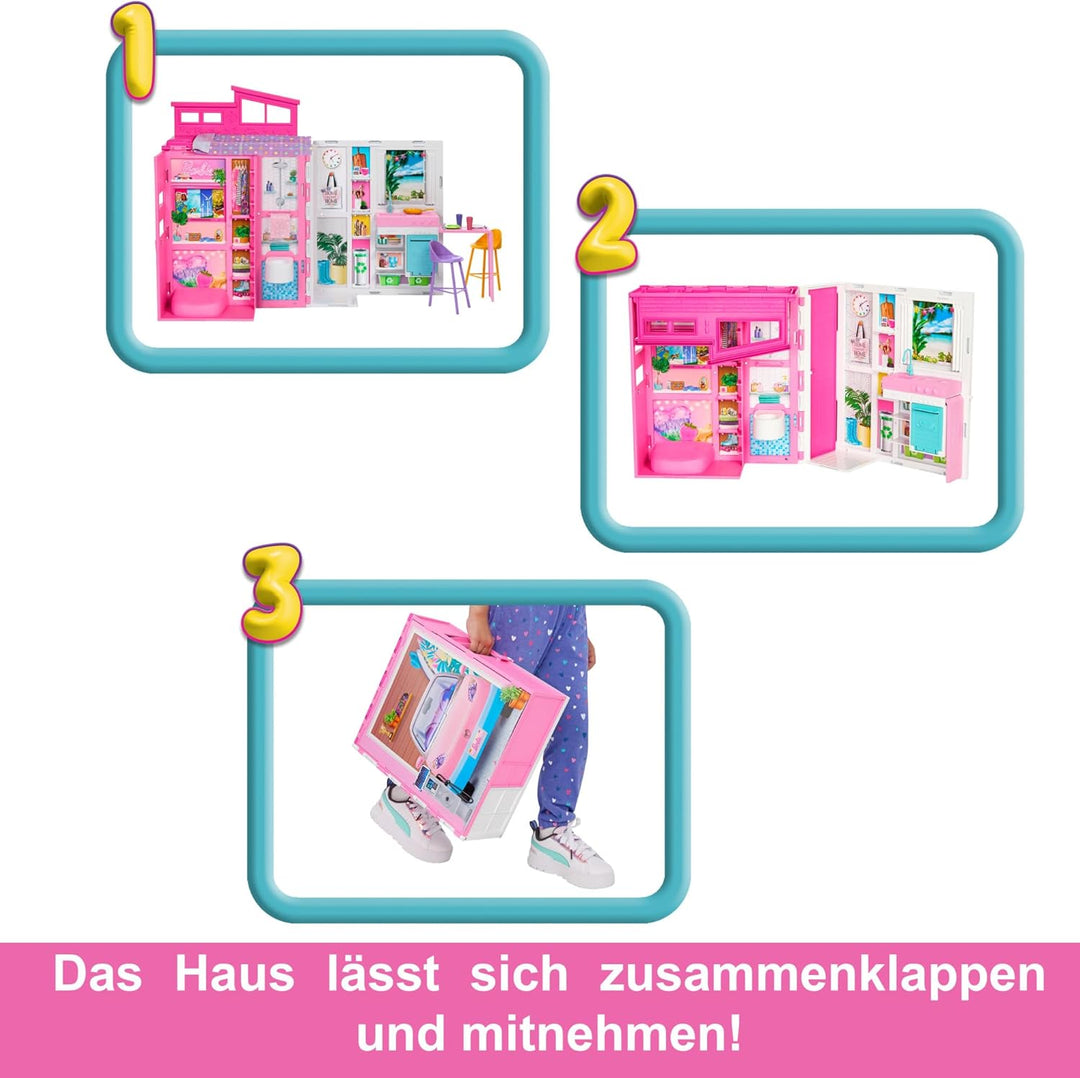 Barbie-Puppenhaus Spielset, Ferienhaus mit 4 Spielbereichen, darunter Küche, Badezimmer, Schlafzimme