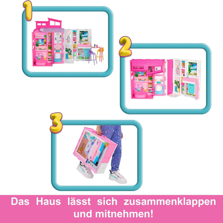 Barbie-Puppenhaus Spielset, Ferienhaus mit 4 Spielbereichen, darunter Küche, Badezimmer, Schlafzimme