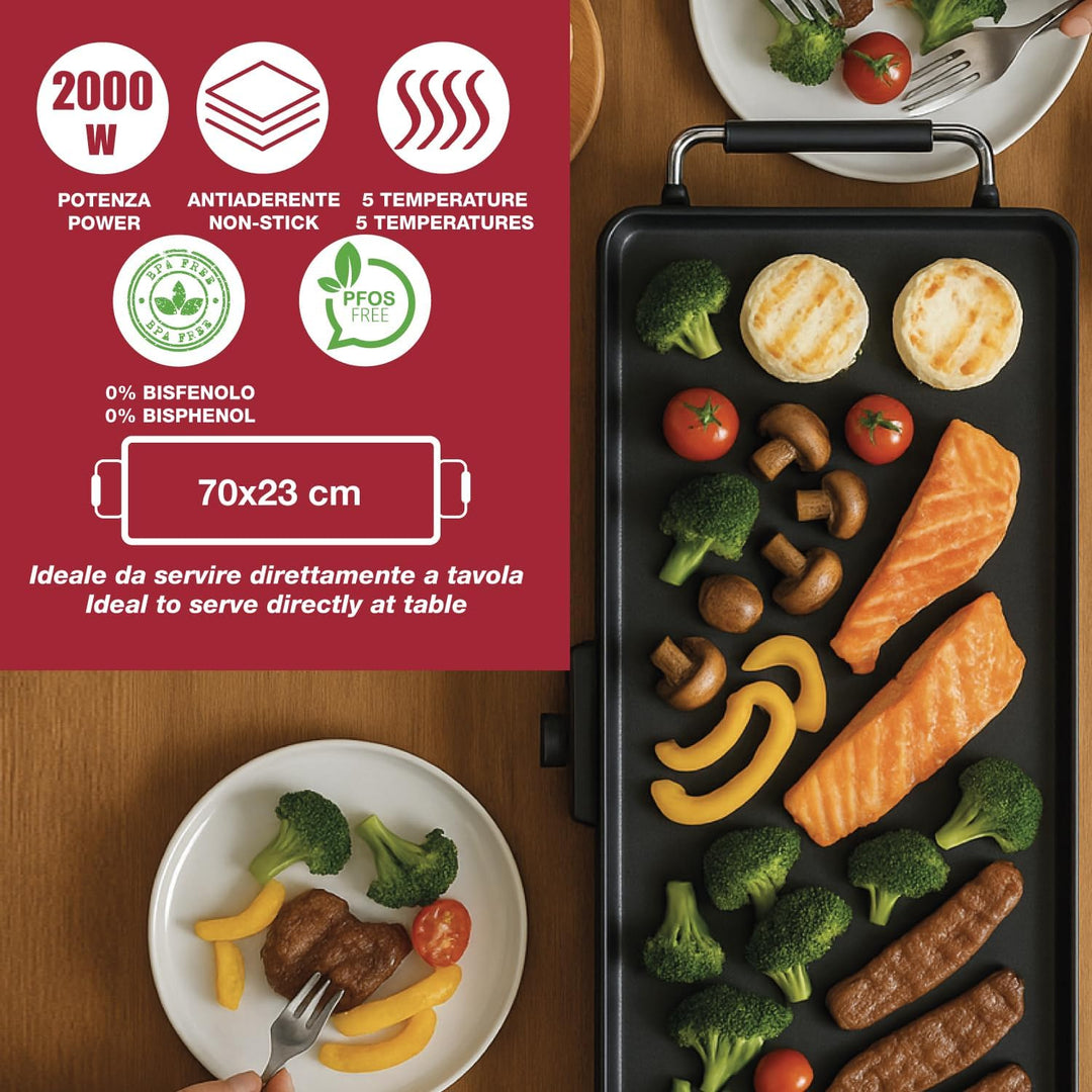 BEPER P101BBQ070 XL Elektrischer Teppanyaki-Grill 70 x 23 cm, Antihaftbeschichtung mit einstellbarem