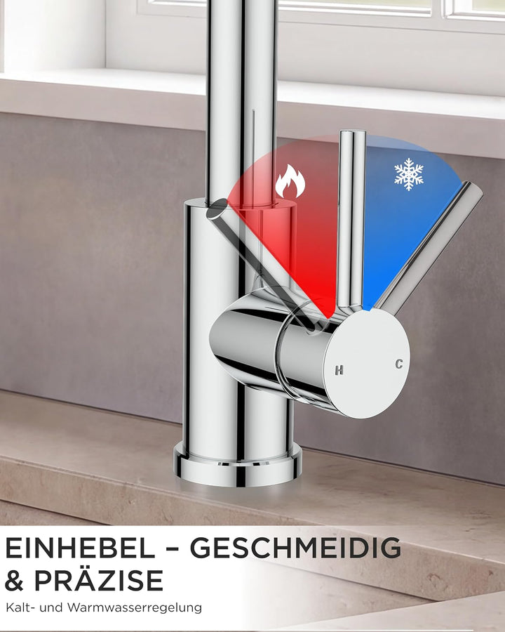FORIOUS Küchenarmatur, Wasserhahn Küche Mischbatterie, 360° Schwenkbar, Heiss und Kaltwasserregelung