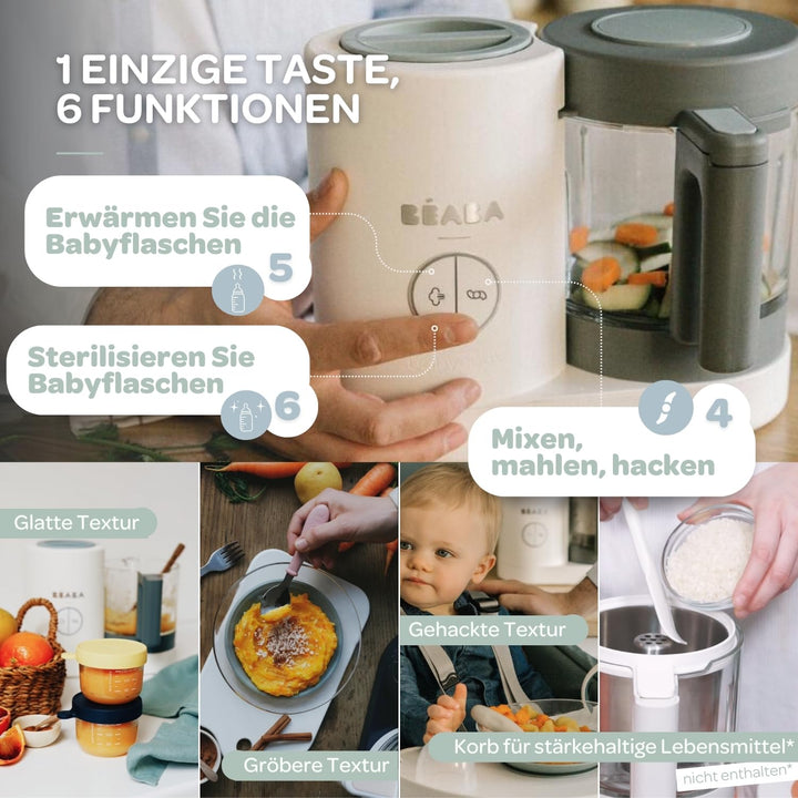 BÉABA - Babycook Neo - 4 in 1 Babynahrungszubereiter - Schonender Dampfgarer - Glaskrug und Garkorb