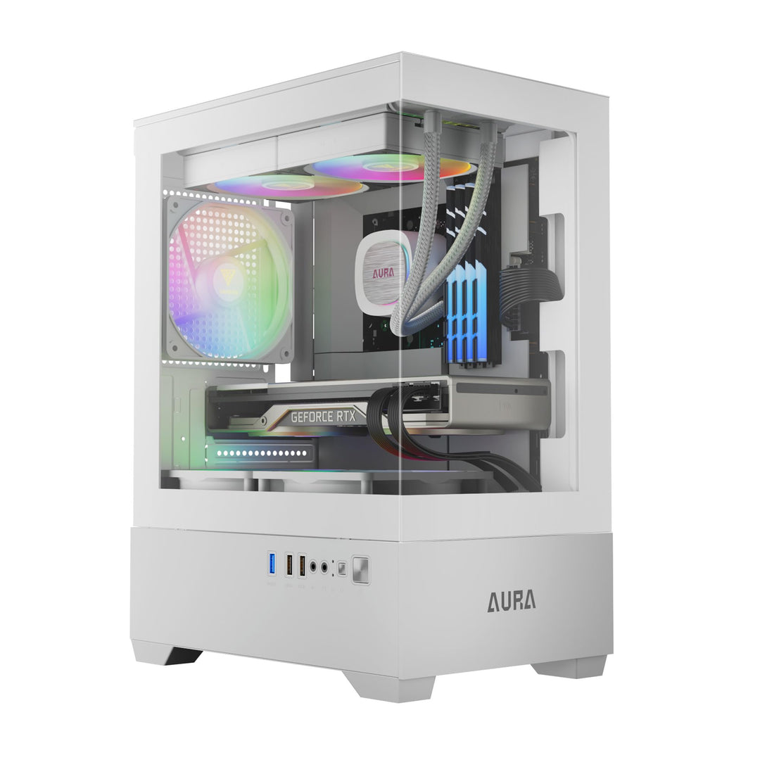 GAMDIAS Aura GC9M ARGB WH M-ATX Micro Tower PC-Gehäuse, Nahtloses Seitenteil aus Gehärtetem Glas, 3