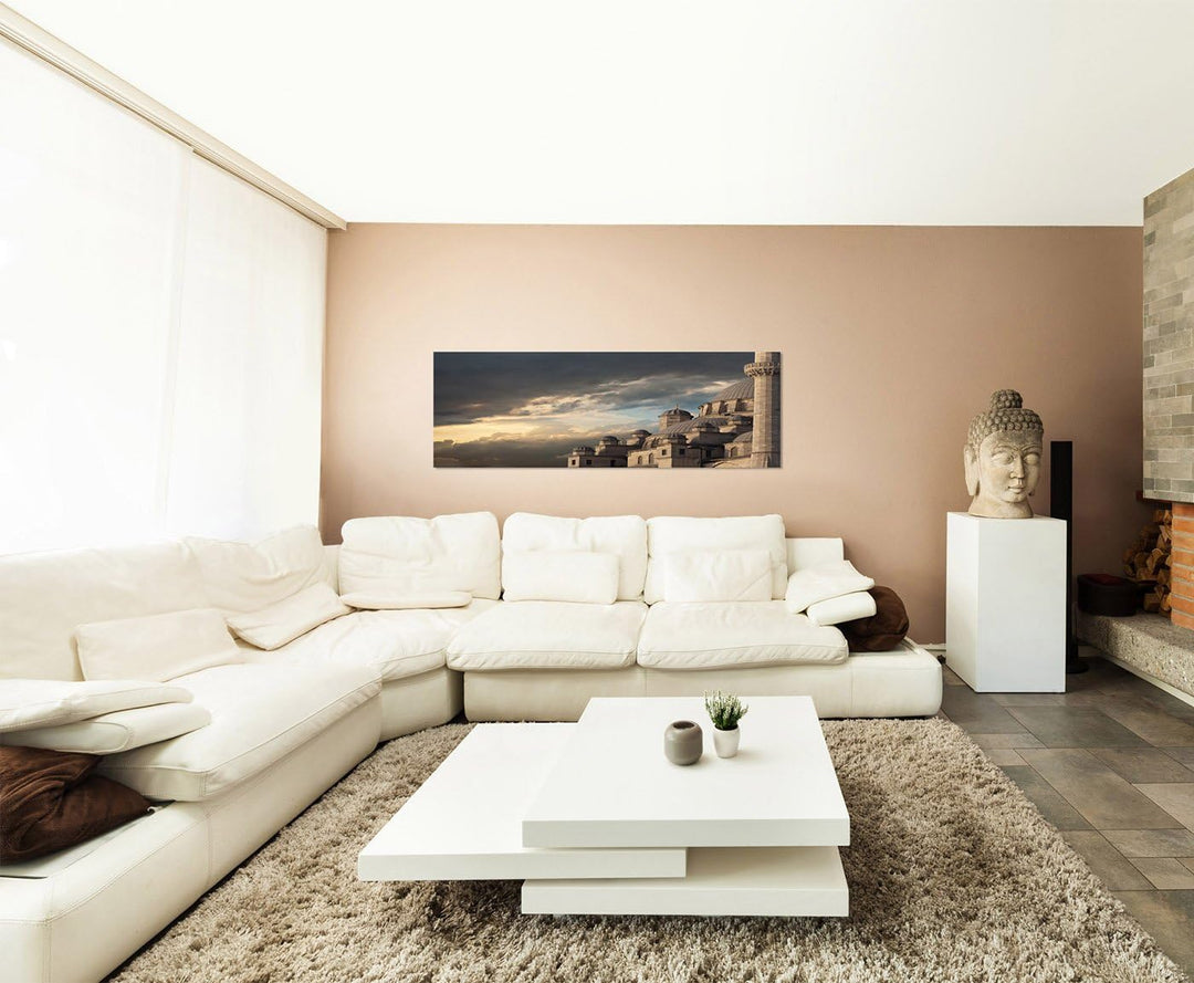 Paul Sinus Art Panoramabild auf Leinwand und Keilrahmen 150x50cm Istanbul Moschee Wolken Sonnenunter
