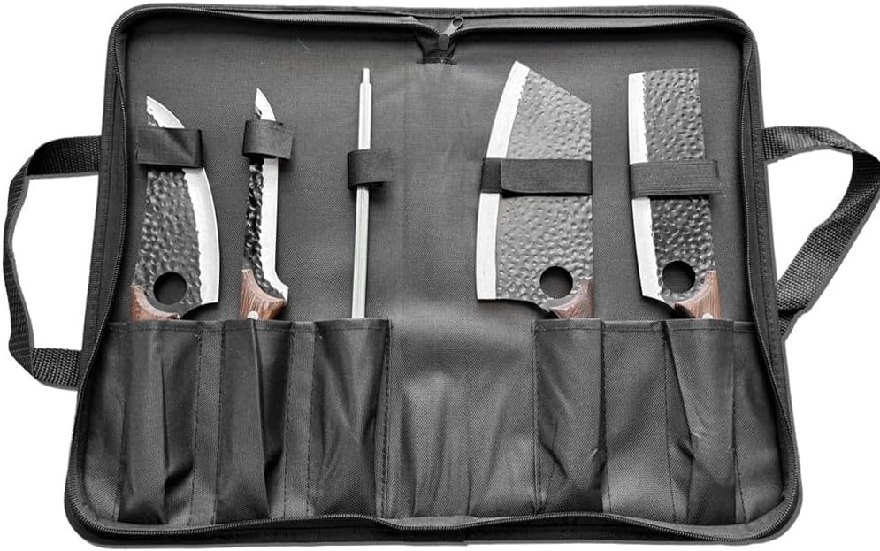 6PCS professionelles Metzger Messer Set mit Tasche, Schneidbrett, Schleiferstange Hand geschmiedet W