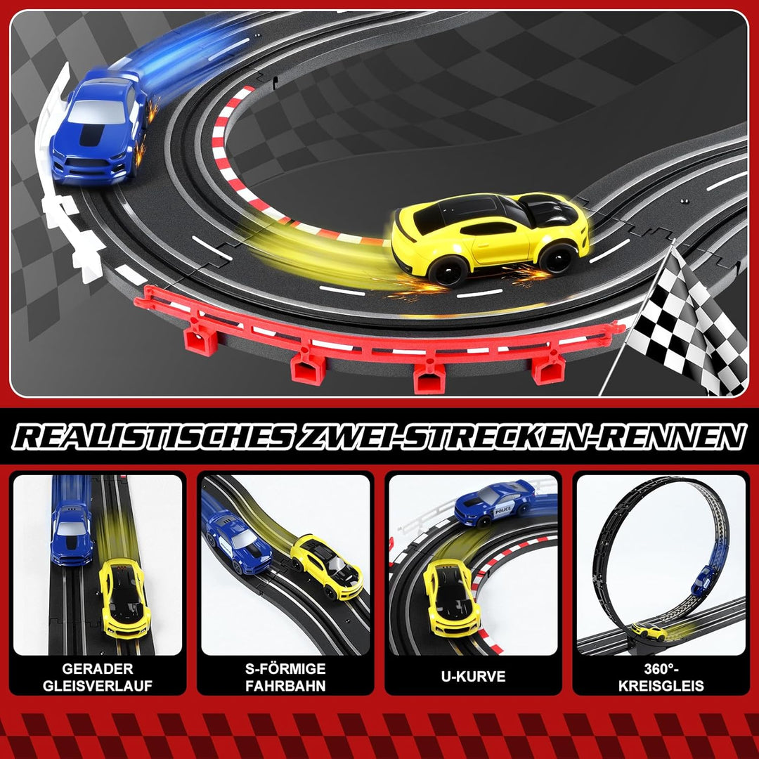 Autorennbahn Rennbahn Elektrisch Kinder, 1:64 Autobahn USB Elektrische Rennstrecke, 2 Slotcars Runde