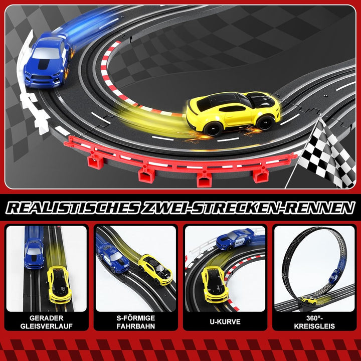 Autorennbahn Rennbahn Elektrisch Kinder, 1:64 Autobahn USB Elektrische Rennstrecke, 2 Slotcars Runde