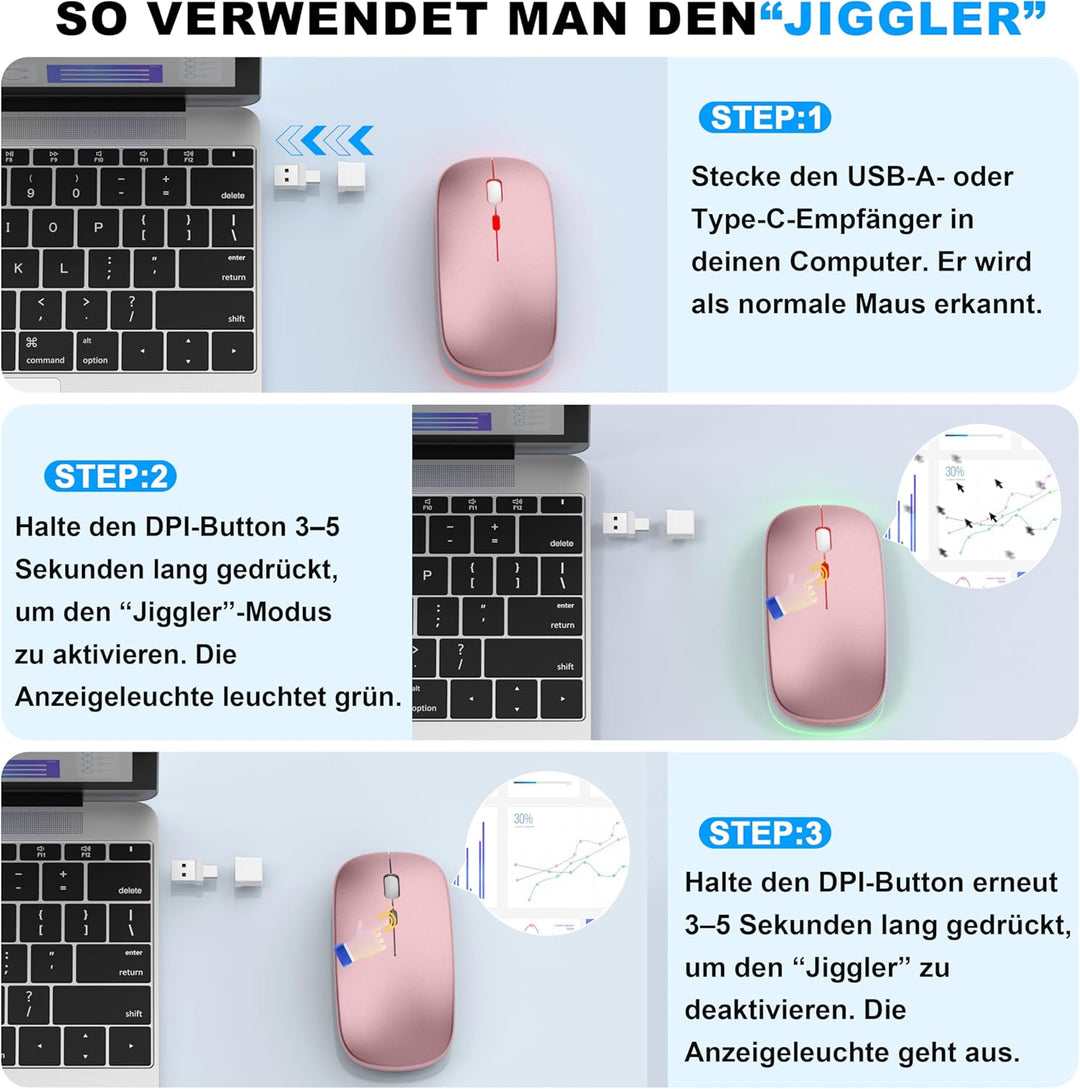 Azmall Kabellose Maus mit Jiggler-Modus – Bluetooth 5.2 & 2.4G Funk, für Laptop, PC, iOS, Android, i