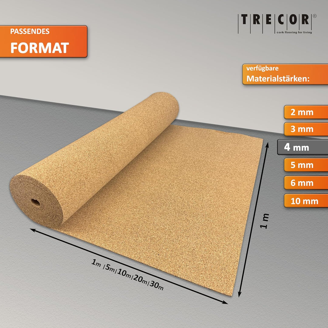 Trittschalldämmung TRECOR Rollenkork - Stärke 4 mm - Akustik Tritt- und Gehschalldämmung für Laminat