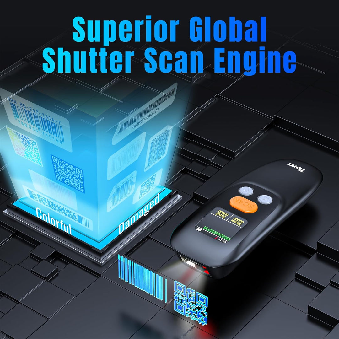 Tera Tragbar Barcode Scanner Mini: 1D 2D QR 1200mAh Akku mit Taste 1.4" Display & Ladestation Handhe