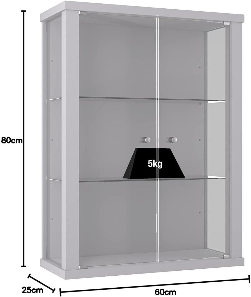 K-Möbel Hängevitrine Glas in Alu/Silber (80x60x25 cm) mit 2 höhenverstellbaren Glasböden - Modellaut