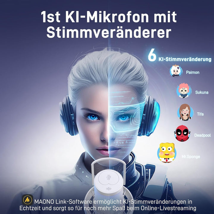 MAONO Mikrofon Kabellos für PC, Gaming Mikrofon mit Software-AI-Stimmänderung, Geräuschunterdrückung