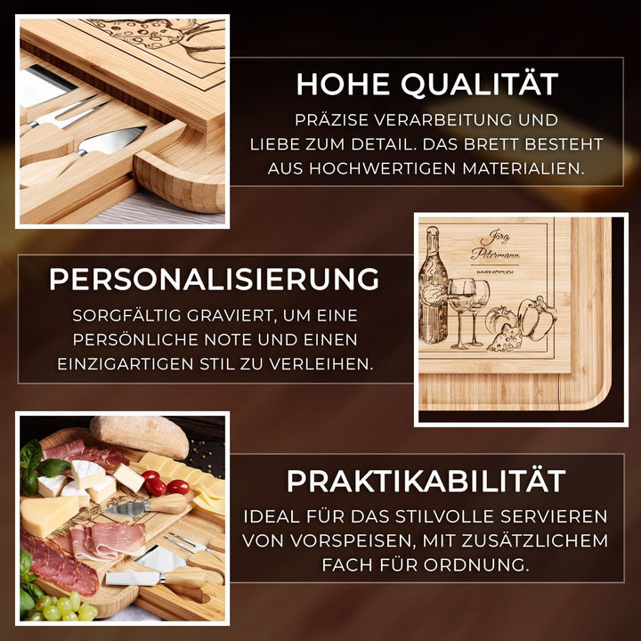 Maverton Käsebrett Servierplatte mit Gravur + 4er Käsemesser Set - aus Holz - 34x34cm - Geschenke fü
