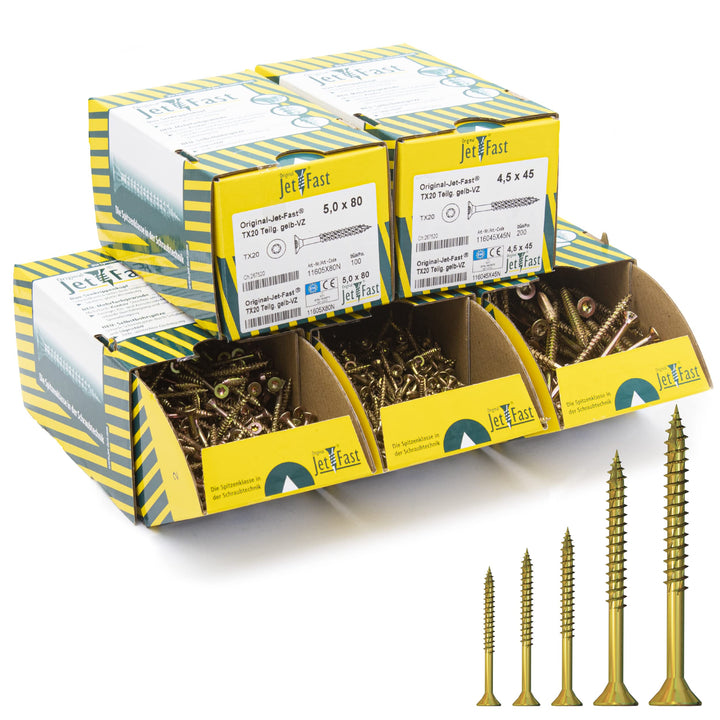 Original Jet-Fast Universalschrauben Set 1400 Teilig, Duo-Senkrippenkopf, mit Selbstbohrspitze, Gelb