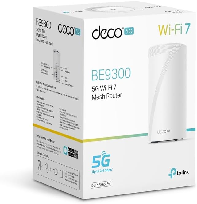 TP-Link Deco BE65-5G LTE WLAN Router, 5G Router SIM-Karte, 𝐓𝐫𝐢-𝐁𝐚𝐧𝐝 𝐖𝐢𝐅𝐢 𝟕, 3× 2,5 Gbit/s-Ports, 320
