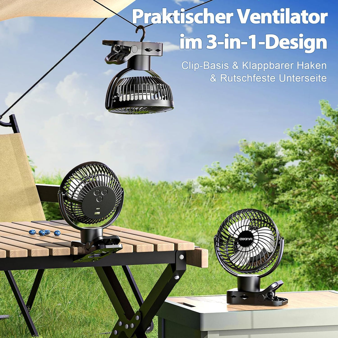 10000mAh USB Ventilator, Akku Camping Ventilator mit Fernbedienung, 360° Oszillation, Clip Ventilato