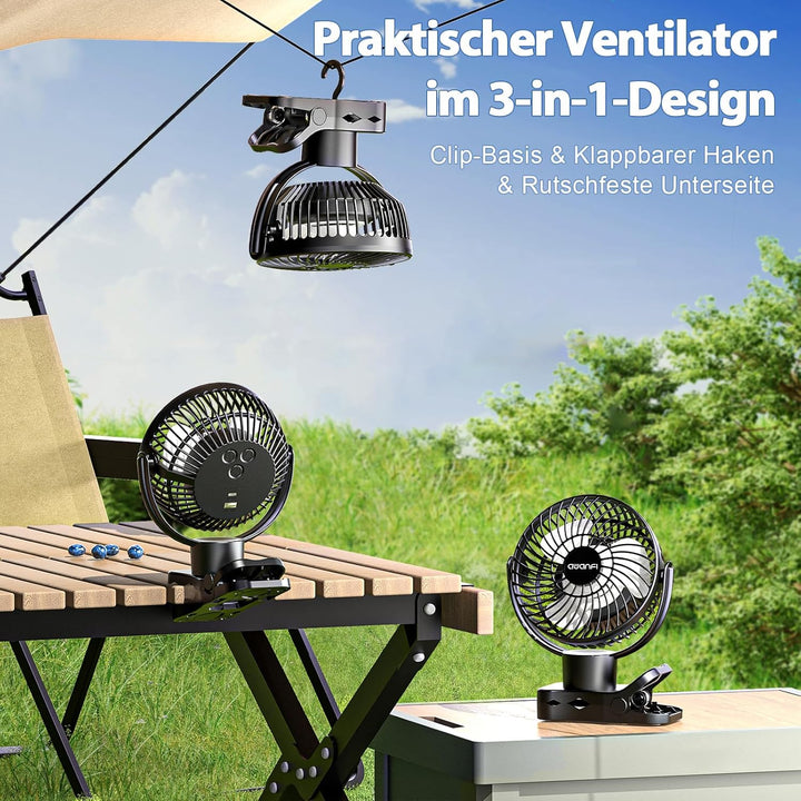 10000mAh USB Ventilator, Akku Camping Ventilator mit Fernbedienung, 360° Oszillation, Clip Ventilato